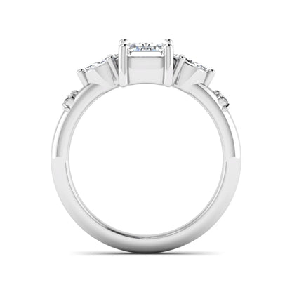 Emerald Marquise & Round Three Stone Lab Grown Diamond Engagement Ring featuring a 7.00 × 5.00 mm emerald-cut center diamond with marquise and round side diamonds in white gold.