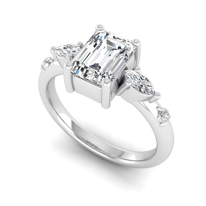 Emerald Marquise & Round Three Stone Lab Grown Diamond Engagement Ring featuring a 7.00 × 5.00 mm emerald-cut center diamond with marquise and round side diamonds in white gold.