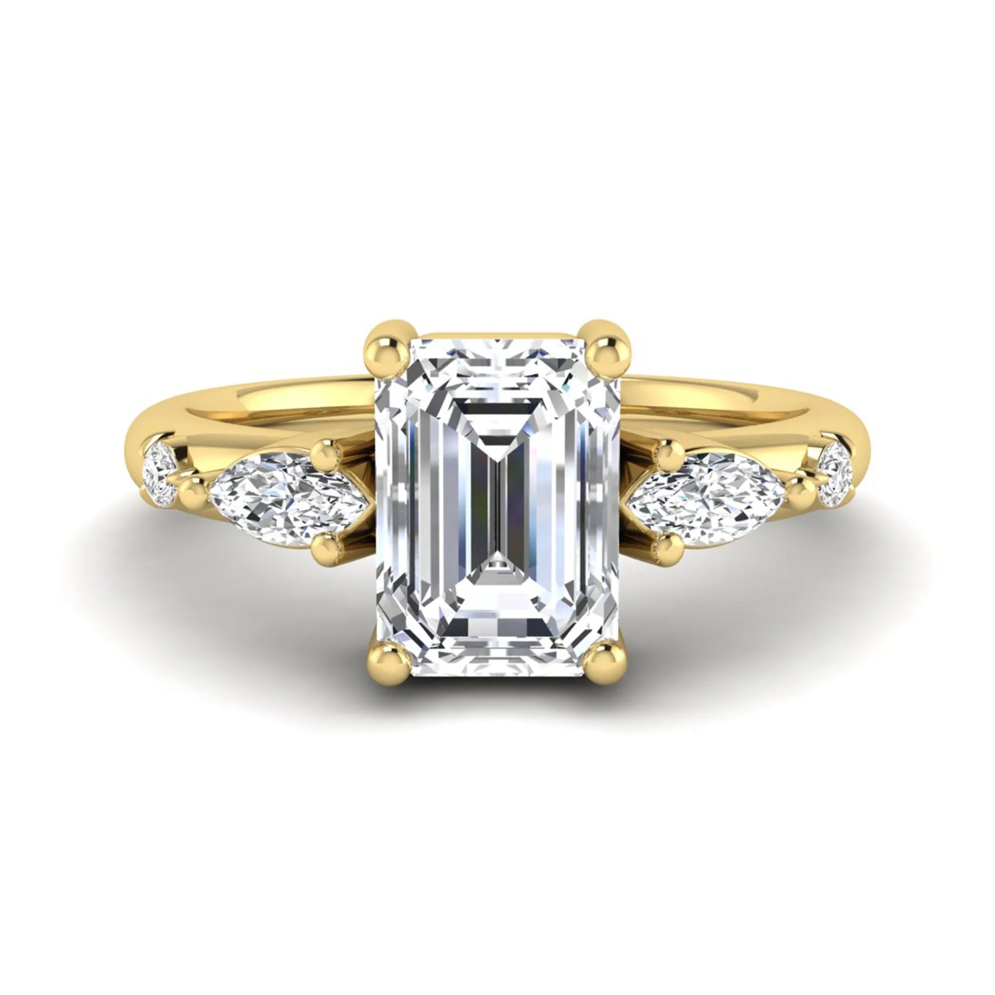 Emerald Marquise & Round Three Stone Lab Grown Diamond Engagement Ring featuring a 7.00 × 5.00 mm emerald-cut center diamond with marquise and round side diamonds in yellow gold.