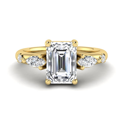 Emerald Marquise & Round Three Stone Lab Grown Diamond Engagement Ring featuring a 7.00 × 5.00 mm emerald-cut center diamond with marquise and round side diamonds in yellow gold.
