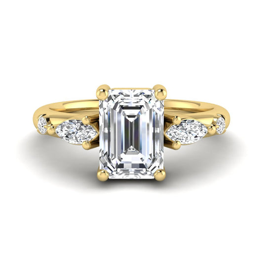Emerald Marquise & Round Three Stone Lab Grown Diamond Engagement Ring featuring a 7.00 × 5.00 mm emerald-cut center diamond with marquise and round side diamonds in yellow gold.