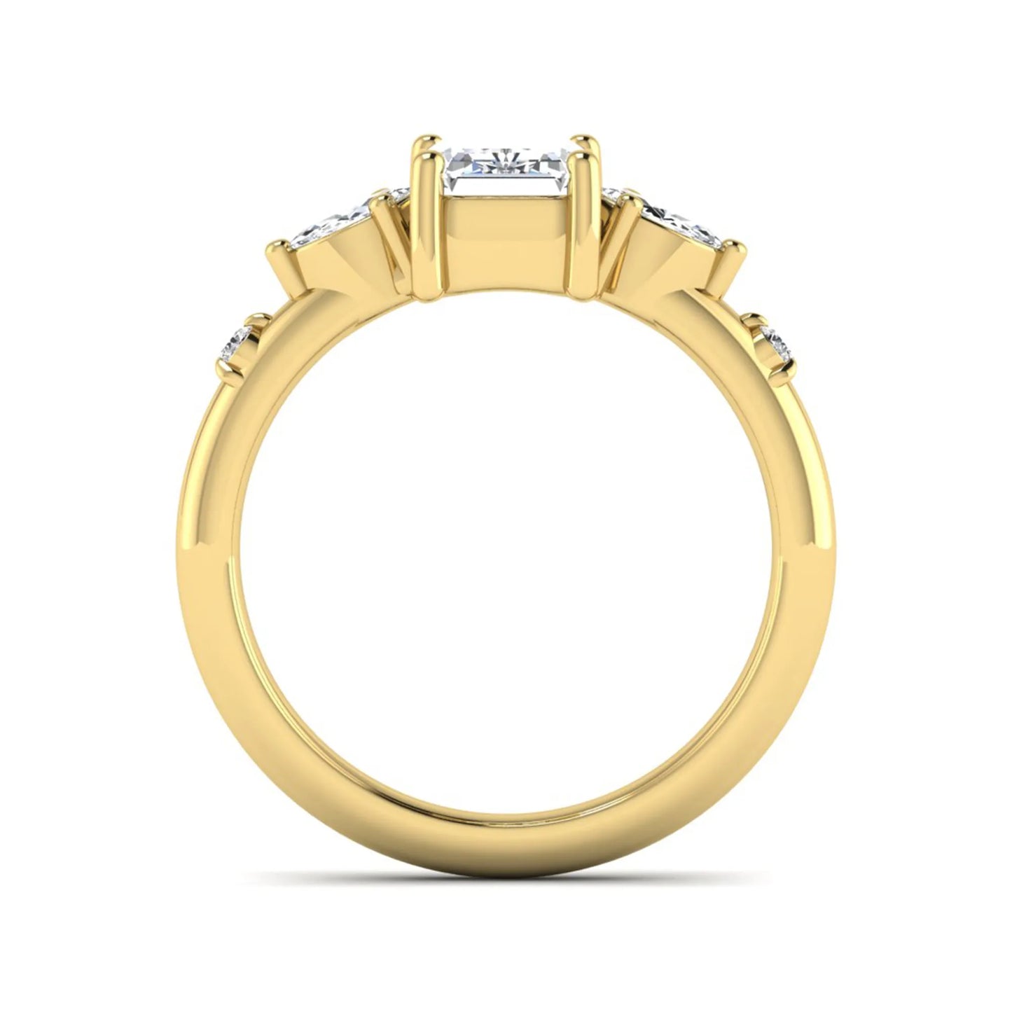 Emerald Marquise & Round Three Stone Lab Grown Diamond Engagement Ring featuring a 7.00 × 5.00 mm emerald-cut center diamond with marquise and round side diamonds in yellow gold.