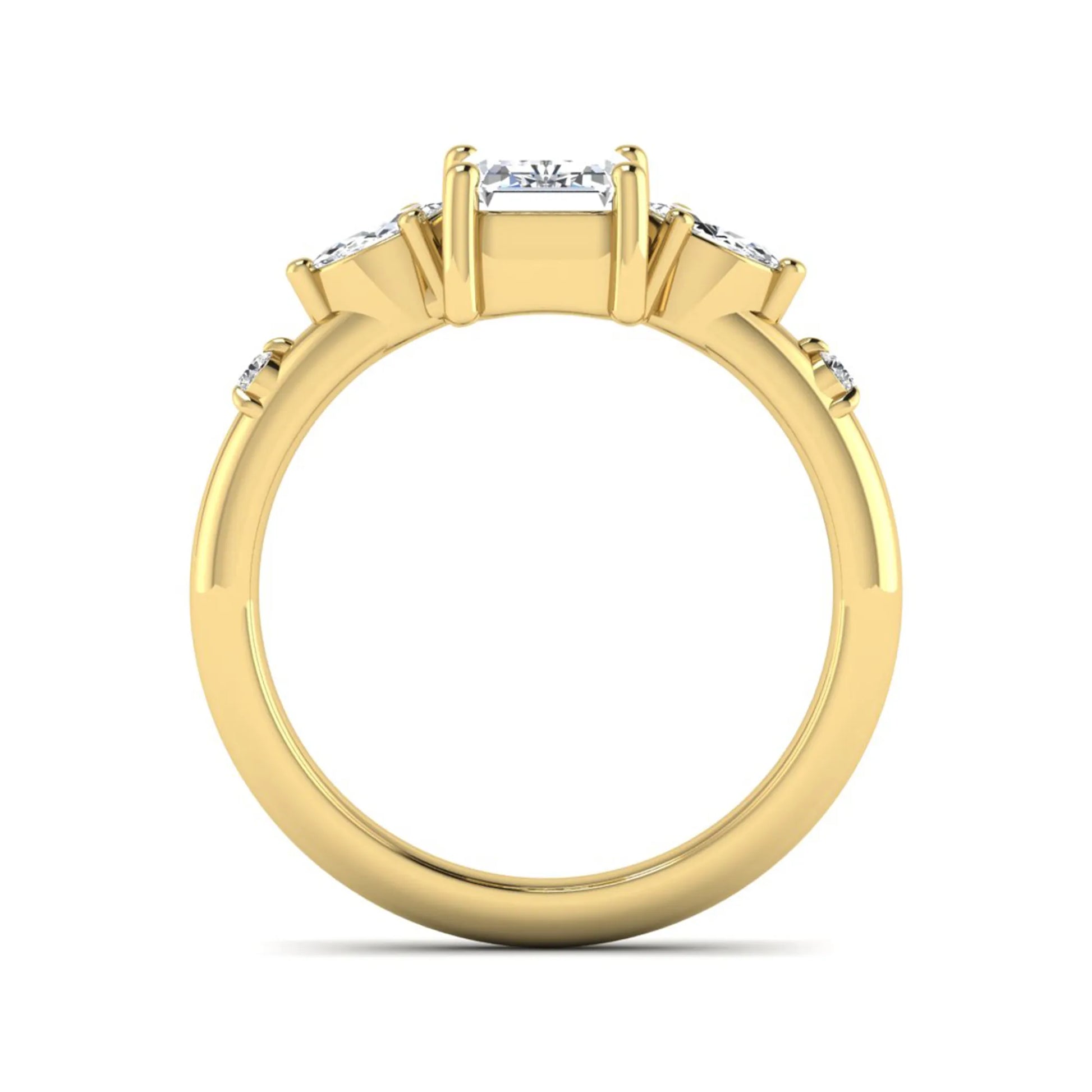 Emerald Marquise & Round Three Stone Lab Grown Diamond Engagement Ring featuring a 7.00 × 5.00 mm emerald-cut center diamond with marquise and round side diamonds in yellow gold.