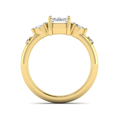 Emerald Marquise & Round Three Stone Lab Grown Diamond Engagement Ring featuring a 7.00 × 5.00 mm emerald-cut center diamond with marquise and round side diamonds in yellow gold.