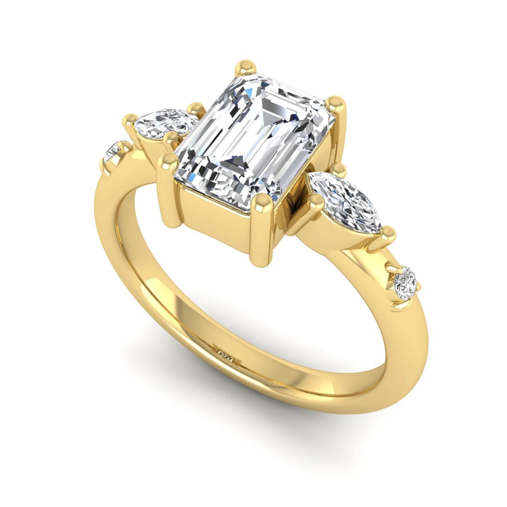 Emerald Marquise & Round Three Stone Lab Grown Diamond Engagement Ring featuring a 7.00 × 5.00 mm emerald-cut center diamond with marquise and round side diamonds in yellow gold.