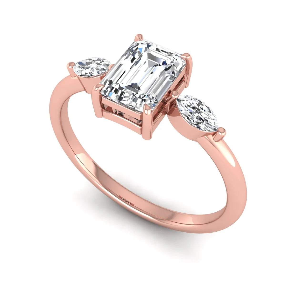 Emerald cut three stone lab grown diamond engagement ring featuring a 1.06 carat IGI certified center diamond with marquise side diamonds in rose gold.