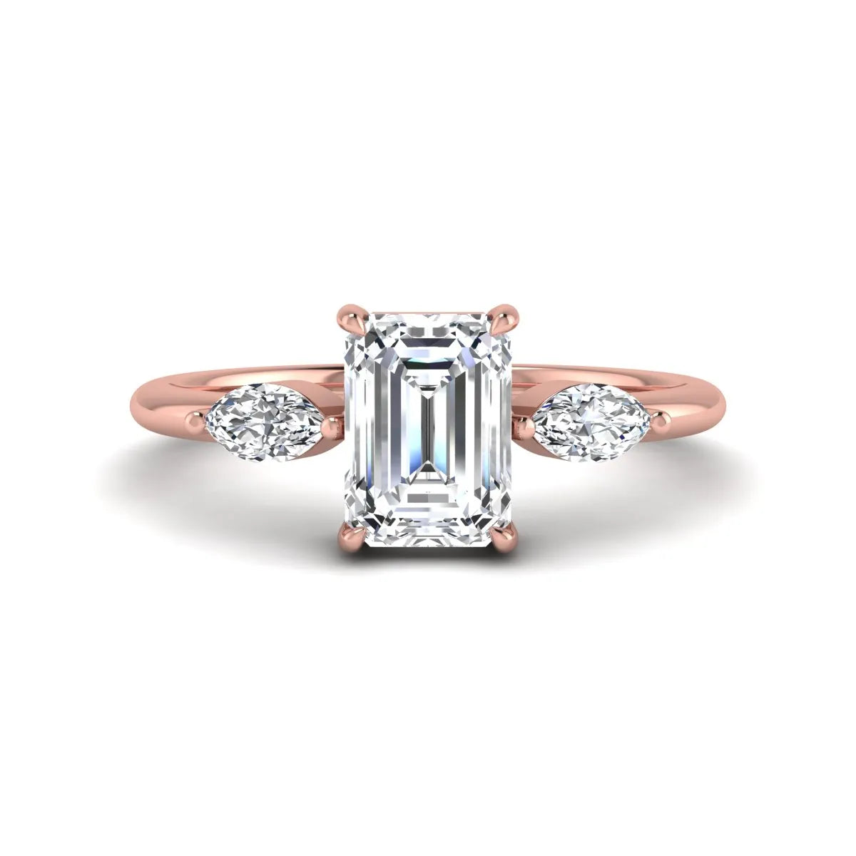 Emerald cut three stone lab grown diamond engagement ring featuring a 1.06 carat IGI certified center diamond with marquise side diamonds in rose gold.