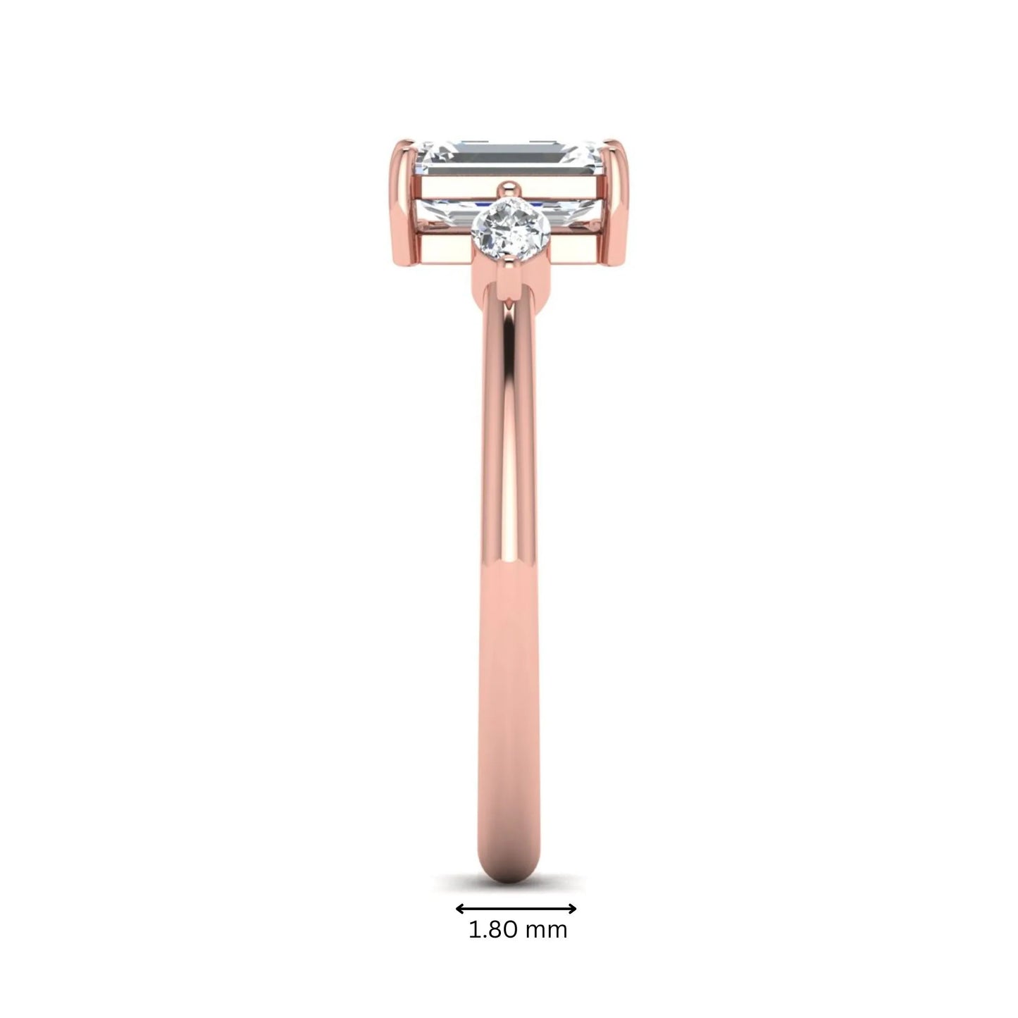 Emerald cut three stone lab grown diamond engagement ring featuring a 1.06 carat IGI certified center diamond with marquise side diamonds in rose gold.