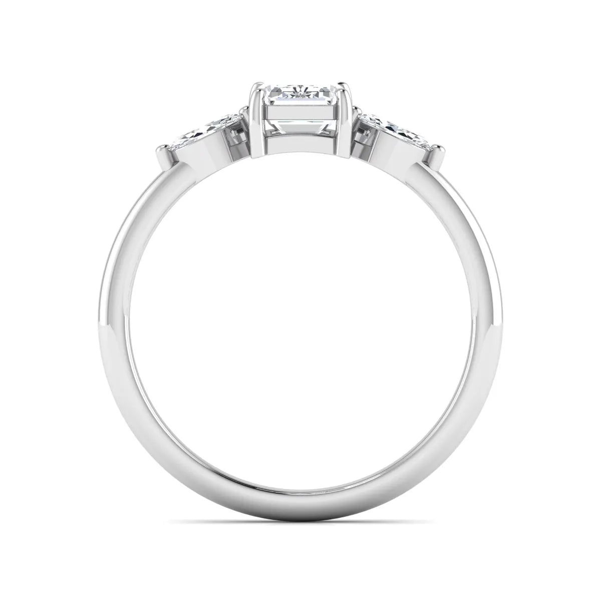 Emerald cut three stone lab grown diamond engagement ring featuring a 1.06 carat IGI certified center diamond with marquise side diamonds in white gold.