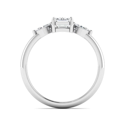 Emerald cut three stone lab grown diamond engagement ring featuring a 1.06 carat IGI certified center diamond with marquise side diamonds in white gold.