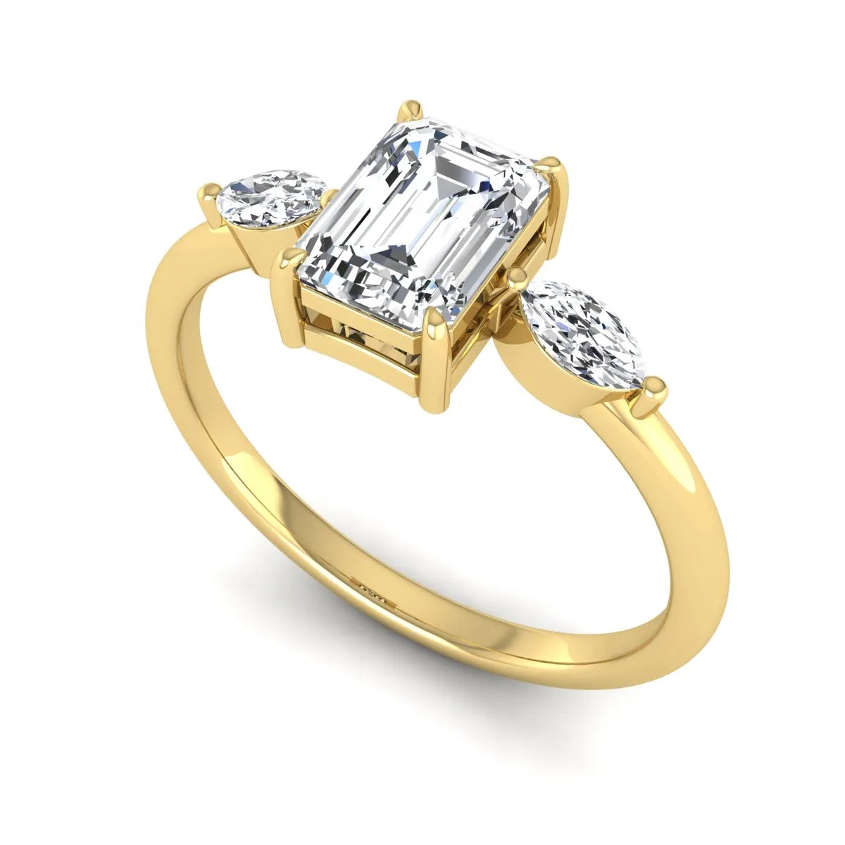 Emerald cut three stone lab grown diamond engagement ring featuring a 1.06 carat IGI certified center diamond with marquise side diamonds in yellow gold.