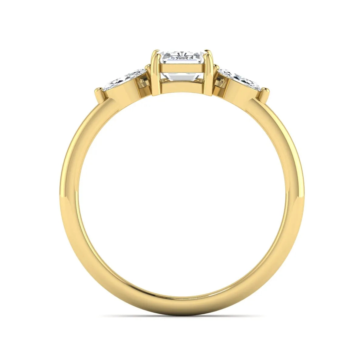 Emerald cut three stone lab grown diamond engagement ring featuring a 1.06 carat IGI certified center diamond with marquise side diamonds in yellow gold.