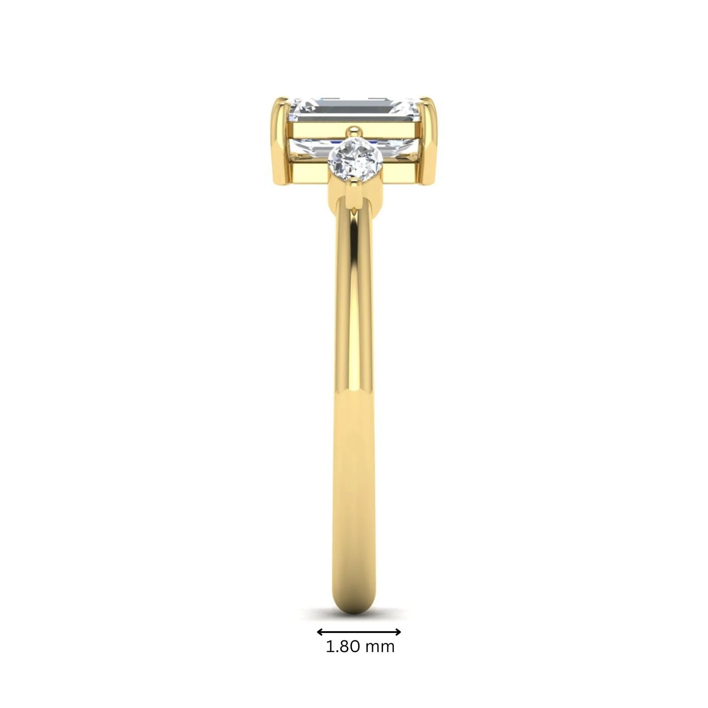 Emerald cut three stone lab grown diamond engagement ring featuring a 1.06 carat IGI certified center diamond with marquise side diamonds in yellow gold.