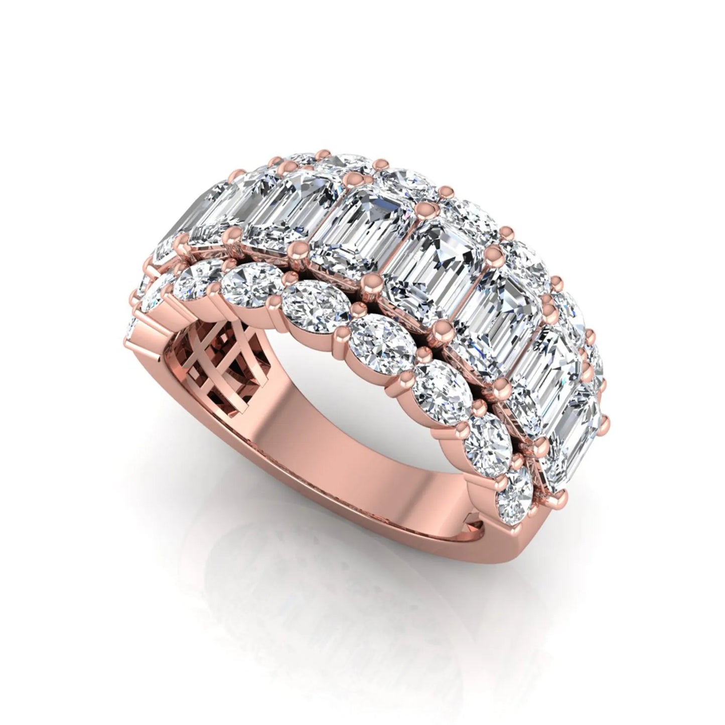 Emerald and oval cut lab grown diamond wide band ring featuring shared prong setting in rose gold design