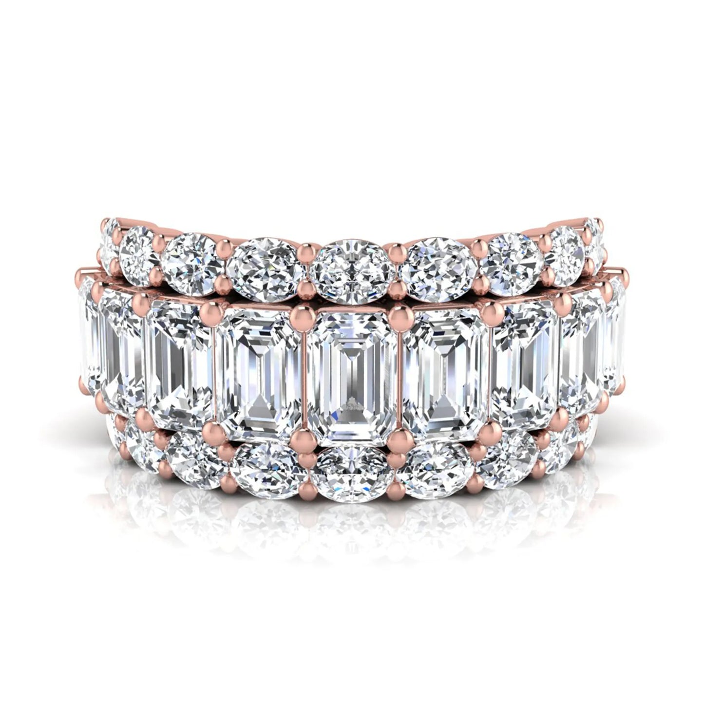Emerald and oval cut lab grown diamond wide band ring featuring shared prong setting in rose gold design