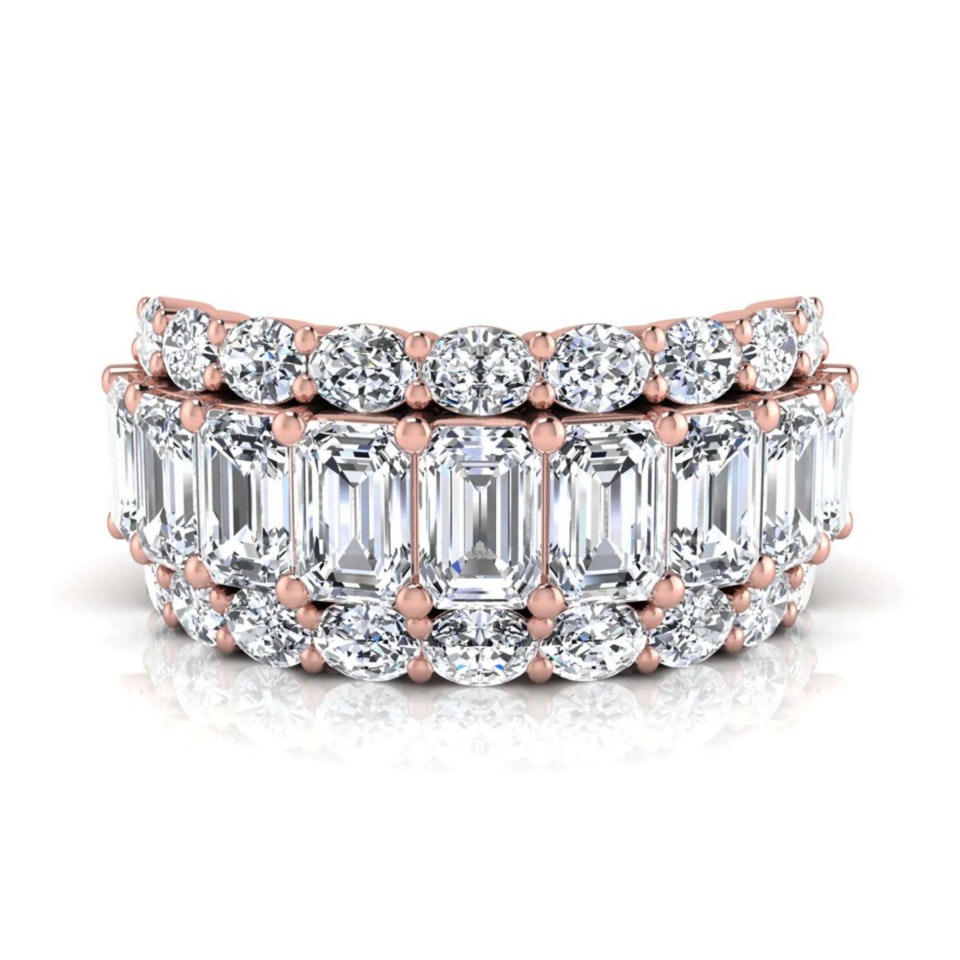 Emerald and oval cut lab grown diamond wide band ring featuring shared prong setting in rose gold design