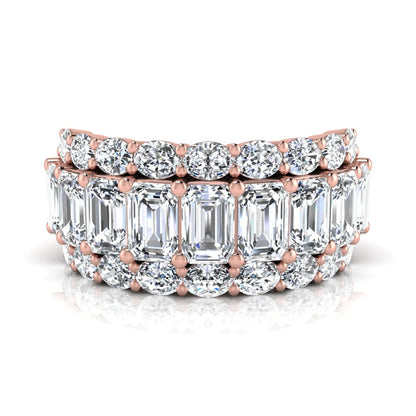 Emerald and oval cut lab grown diamond wide band ring featuring shared prong setting in rose gold design