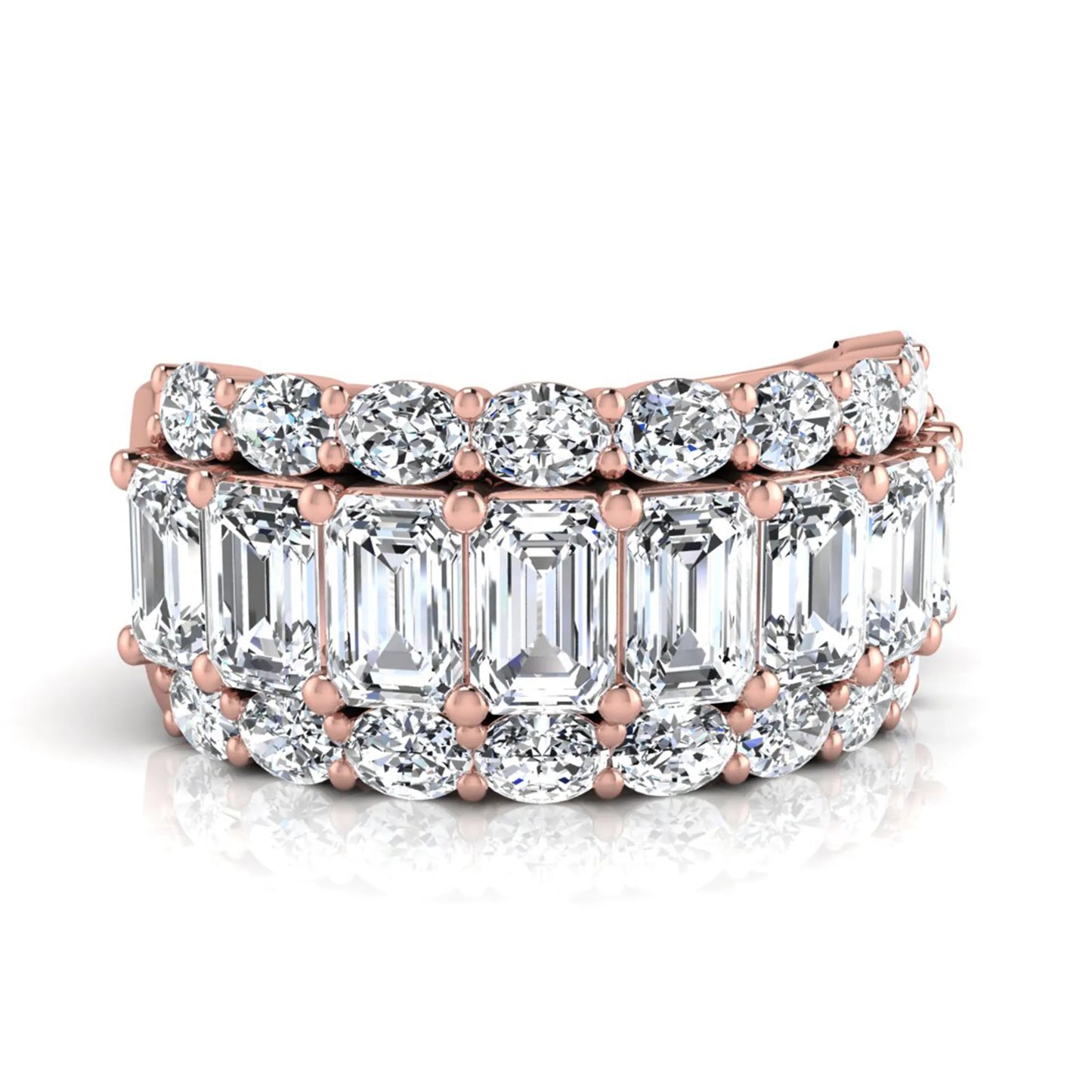 Emerald and oval cut lab grown diamond wide band ring featuring shared prong setting in rose gold design