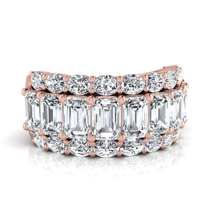 Emerald and oval cut lab grown diamond wide band ring featuring shared prong setting in rose gold design