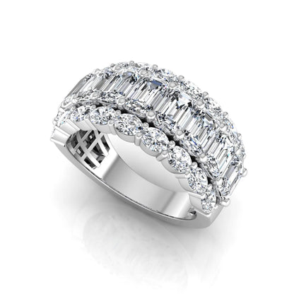 Emerald and oval cut lab grown diamond wide band ring featuring shared prong setting in white gold design