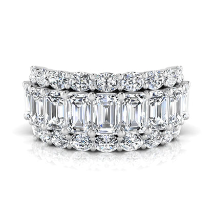 Emerald and oval cut lab grown diamond wide band ring featuring shared prong setting in white gold design