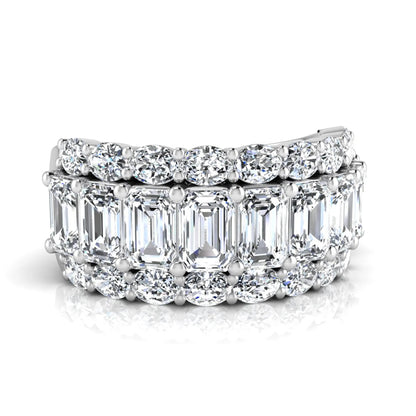 Emerald and oval cut lab grown diamond wide band ring featuring shared prong setting in white gold design