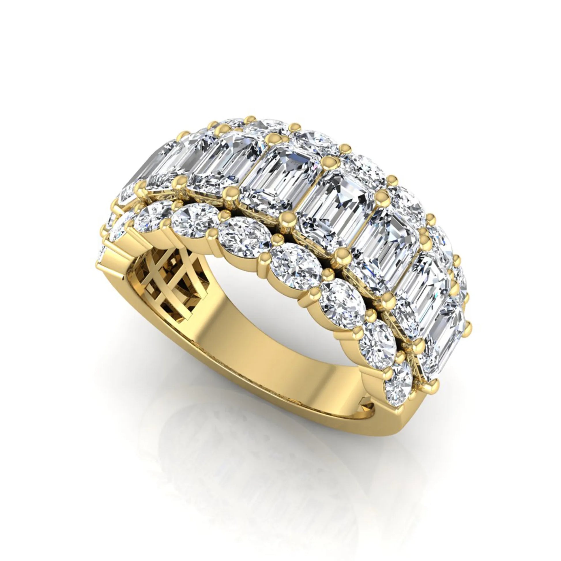Emerald and oval cut lab grown diamond wide band ring featuring shared prong setting in yellow gold design