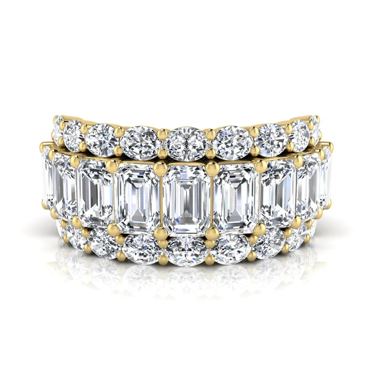 Emerald and oval cut lab grown diamond wide band ring featuring shared prong setting in yellow gold design