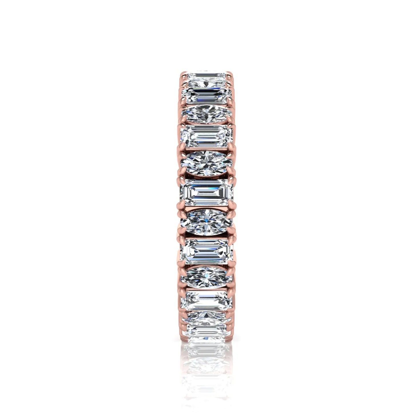 Emerald and oval cut lab grown diamond eternity band ring with alternating diamonds in a shared prong setting and rose gold style.