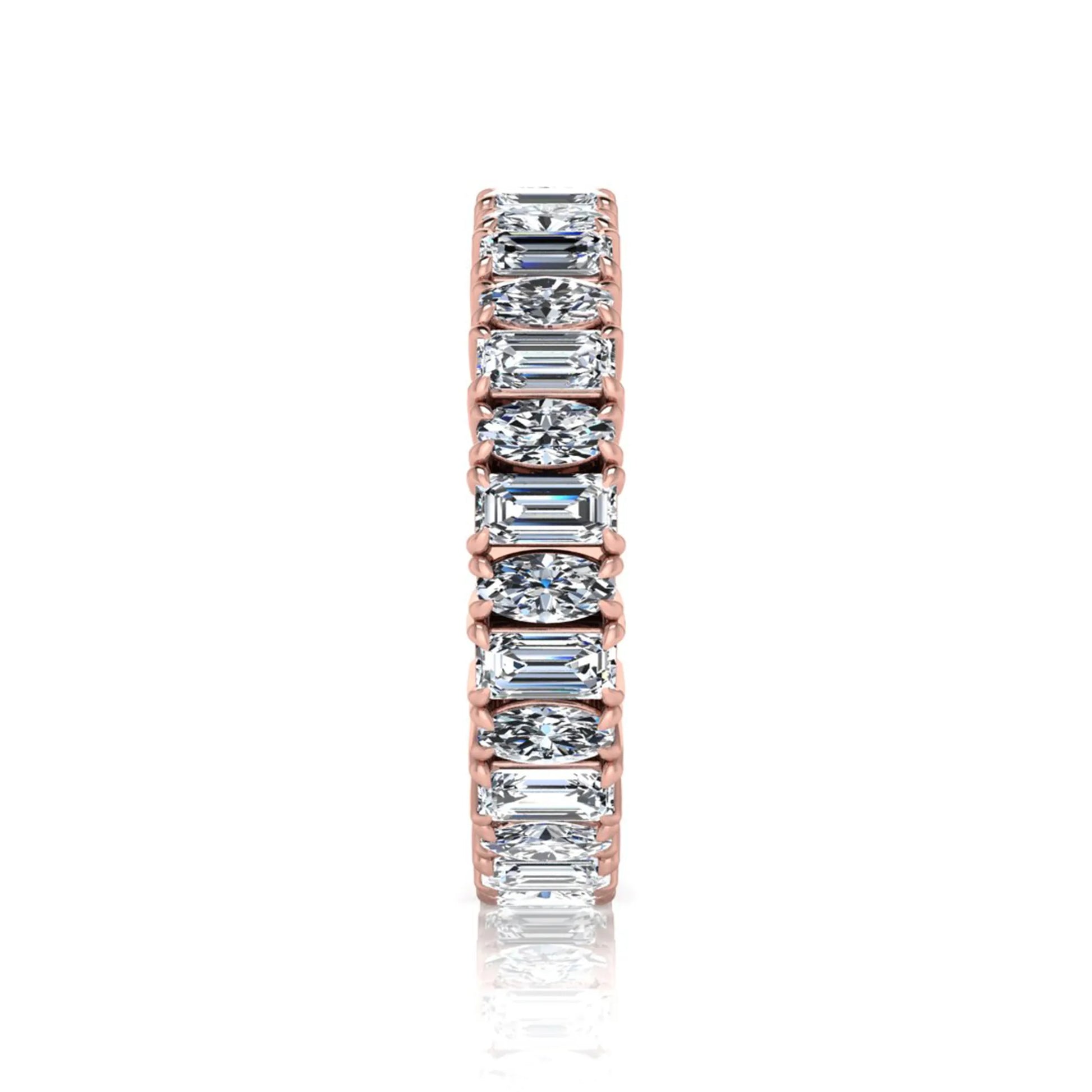 Emerald and oval cut lab grown diamond eternity band ring with alternating diamonds in a shared prong setting and rose gold style.