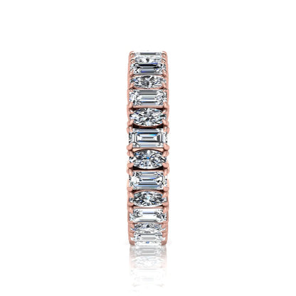 Emerald and oval cut lab grown diamond eternity band ring with alternating diamonds in a shared prong setting and rose gold style.