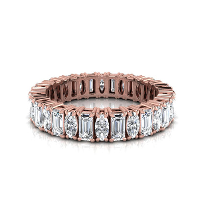 Emerald and oval cut lab grown diamond eternity band ring with alternating diamonds in a shared prong setting and rose gold style.