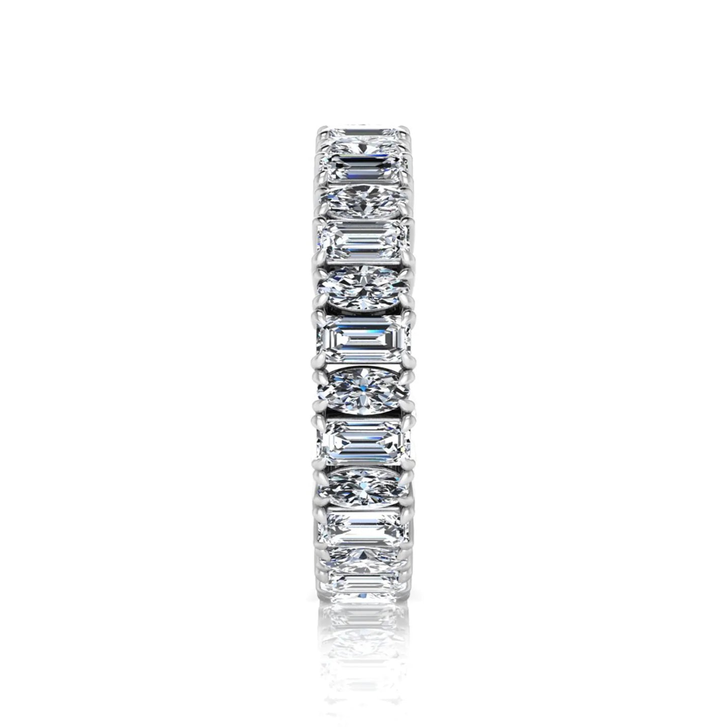 Emerald and oval cut lab grown diamond eternity band ring with alternating diamonds in a shared prong setting and white gold style.