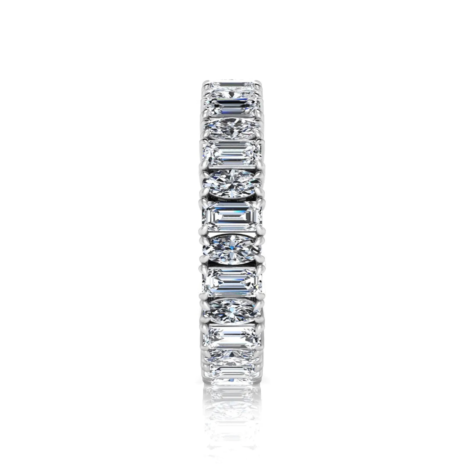 Emerald and oval cut lab grown diamond eternity band ring with alternating diamonds in a shared prong setting and white gold style.