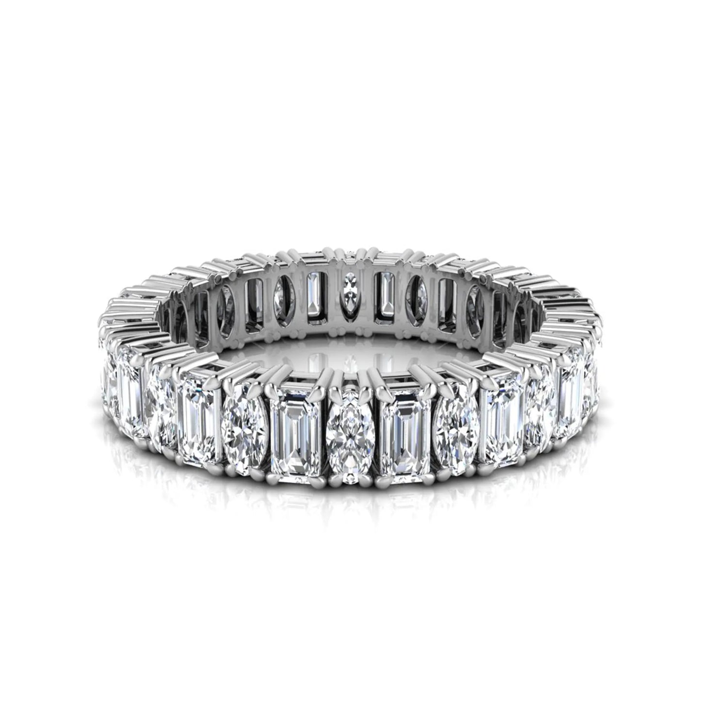Emerald and oval cut lab grown diamond eternity band ring with alternating diamonds in a shared prong setting and white gold style.