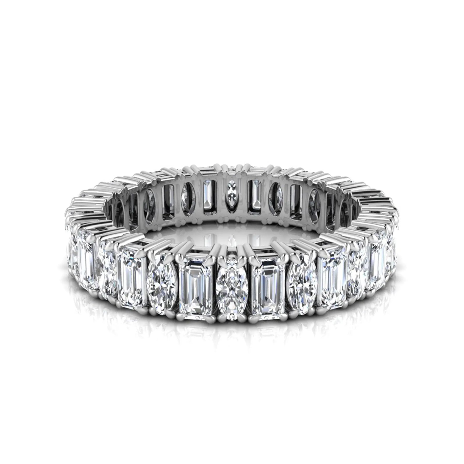 Emerald and oval cut lab grown diamond eternity band ring with alternating diamonds in a shared prong setting and white gold style.