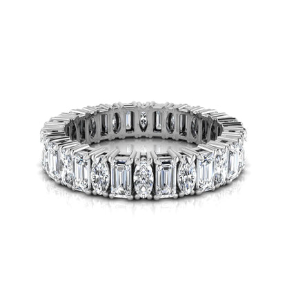 Emerald and oval cut lab grown diamond eternity band ring with alternating diamonds in a shared prong setting and white gold style.