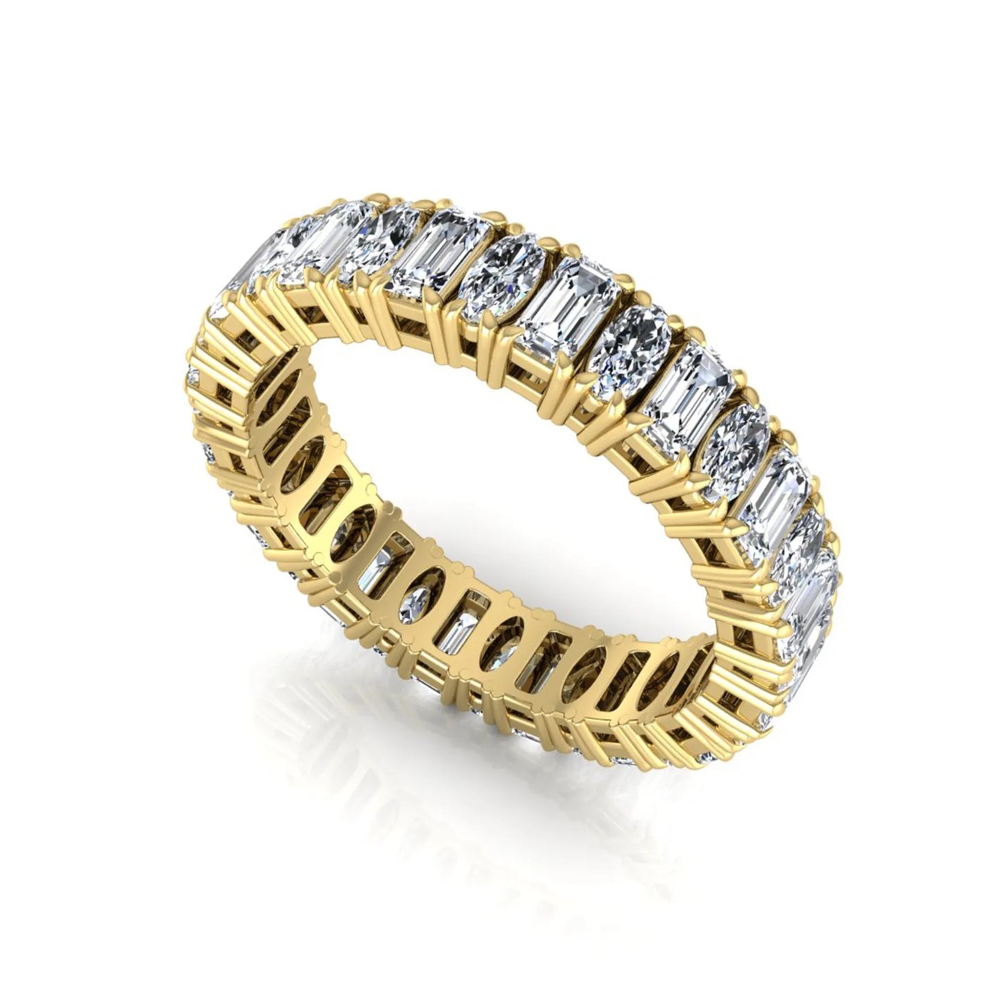 Emerald and oval cut lab grown diamond eternity band ring with alternating diamonds in a shared prong setting and yellow gold style.