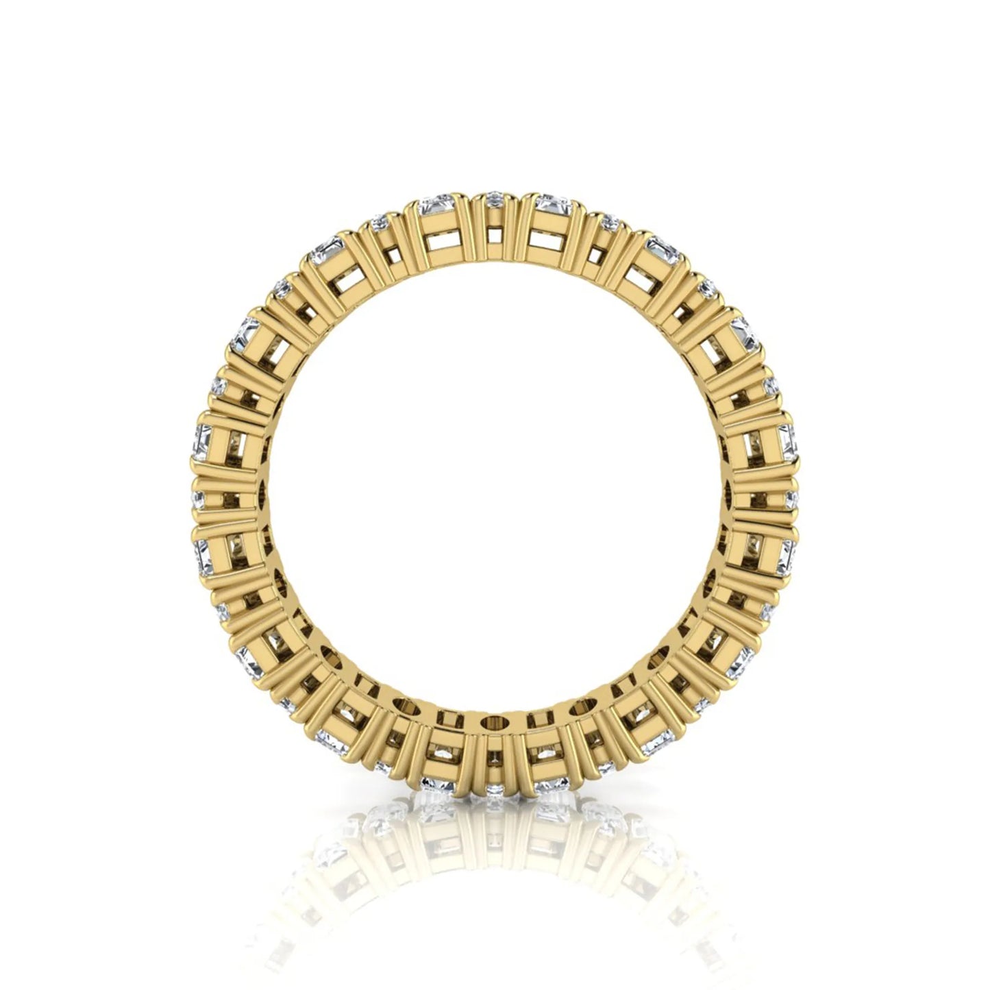 Emerald and oval cut lab grown diamond eternity band ring with alternating diamonds in a shared prong setting and yellow gold style.