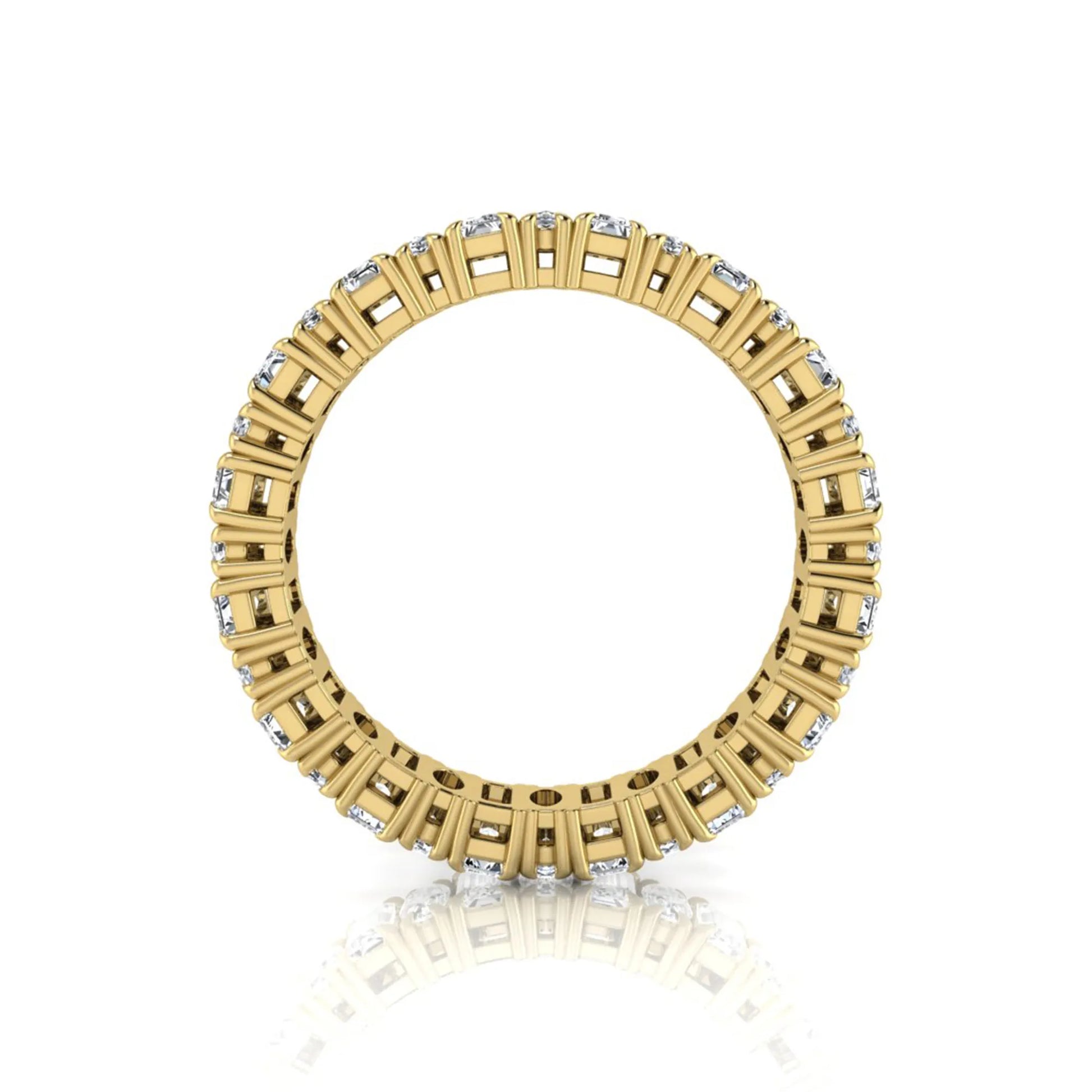 Emerald and oval cut lab grown diamond eternity band ring with alternating diamonds in a shared prong setting and yellow gold style.