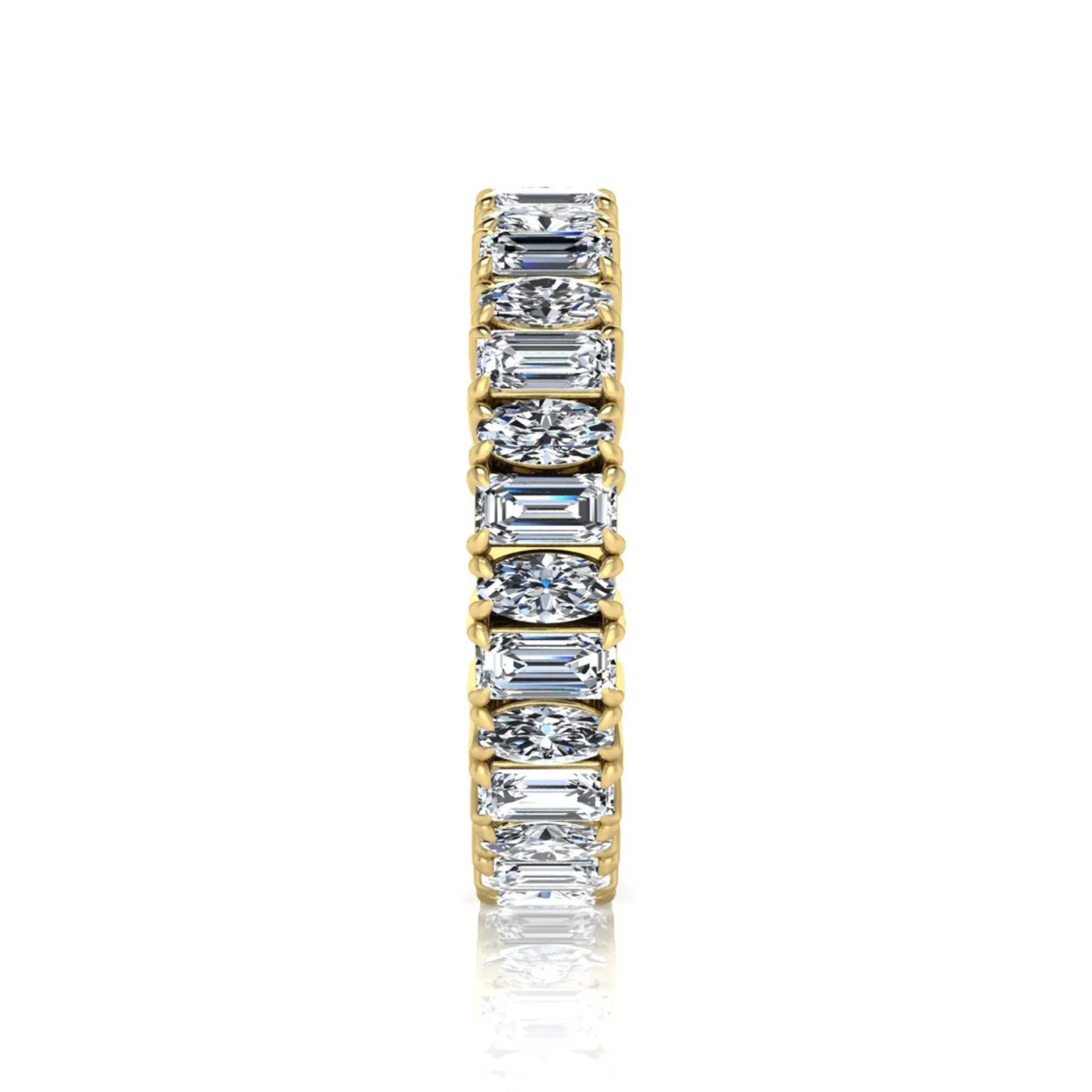 Emerald and oval cut lab grown diamond eternity band ring with alternating diamonds in a shared prong setting and yellow gold style.