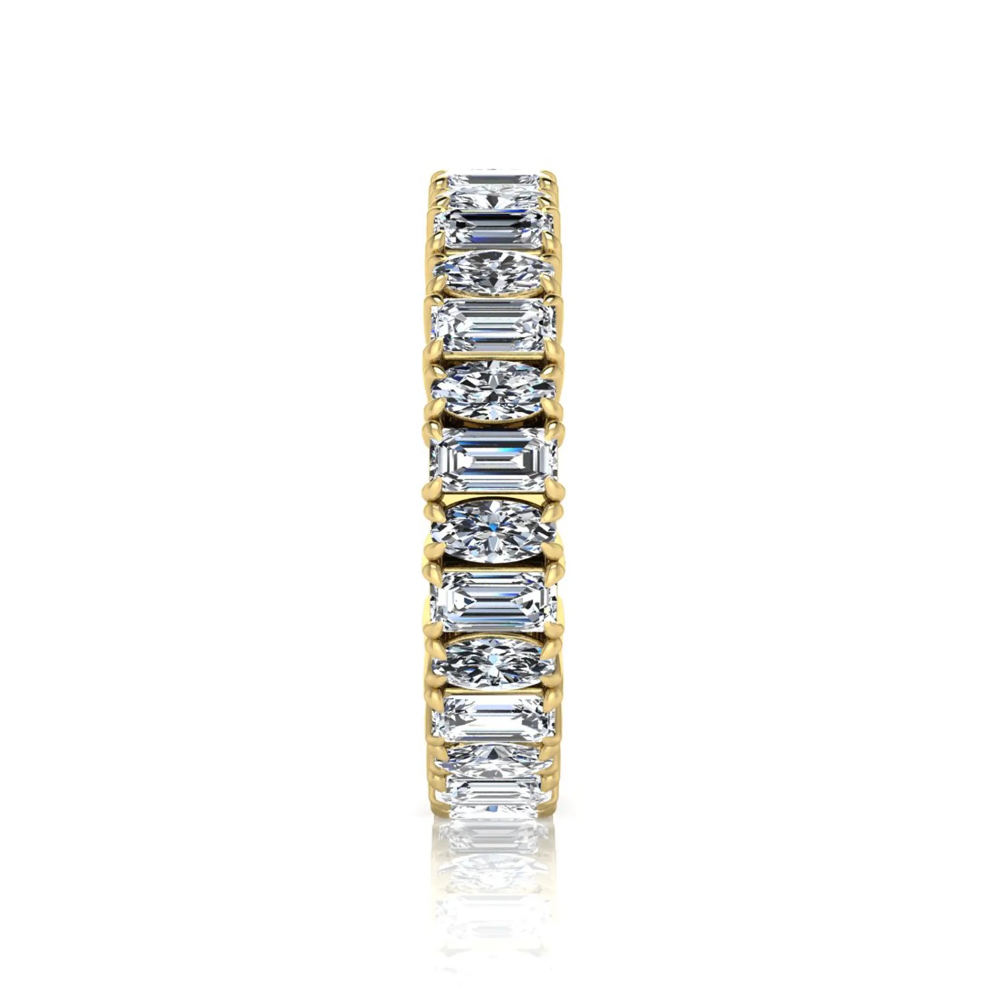 Emerald and oval cut lab grown diamond eternity band ring with alternating diamonds in a shared prong setting and yellow gold style.