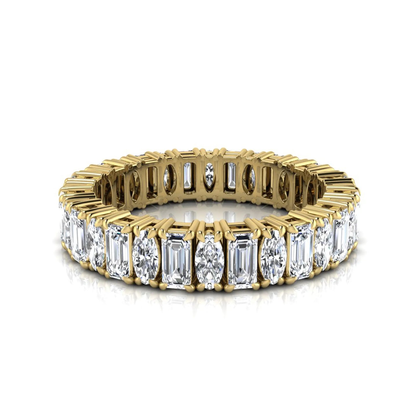 Emerald and oval cut lab grown diamond eternity band ring with alternating diamonds in a shared prong setting and yellow gold style.