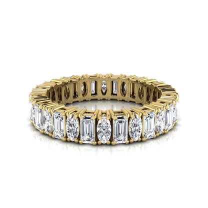 Emerald and oval cut lab grown diamond eternity band ring with alternating diamonds in a shared prong setting and yellow gold style.