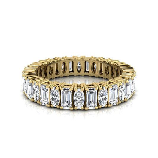 Emerald and oval cut lab grown diamond eternity band ring with alternating diamonds in a shared prong setting and yellow gold style.