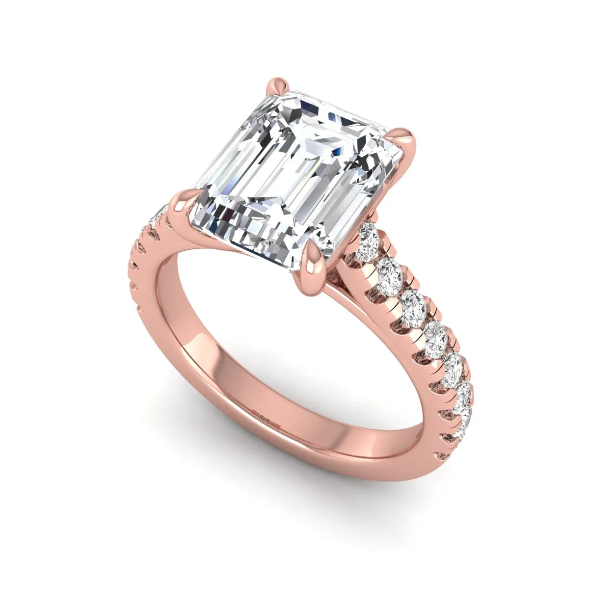 Emerald cut lab grown diamond engagement ring with pavé round diamonds in a rose gold four-prong cathedral setting
