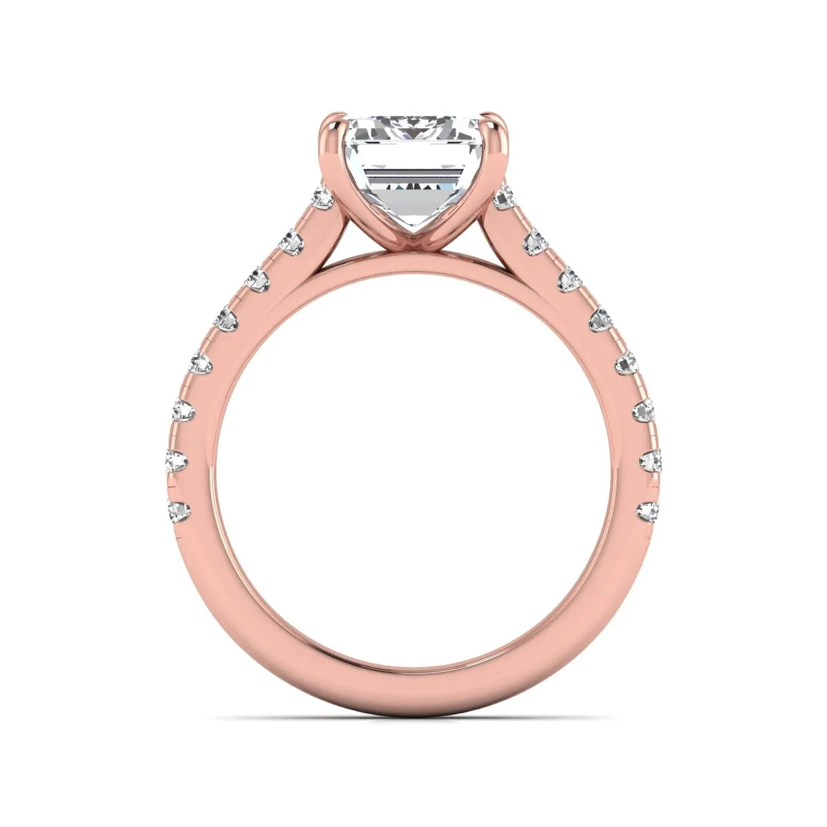 Emerald cut lab grown diamond engagement ring with pavé round diamonds in a rose gold four-prong cathedral setting