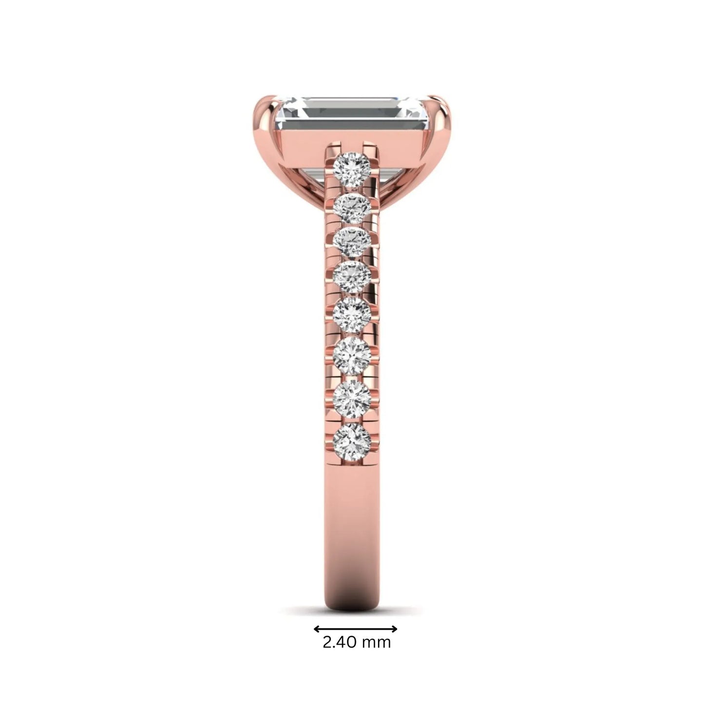 Emerald cut lab grown diamond engagement ring with pavé round diamonds in a rose gold four-prong cathedral setting