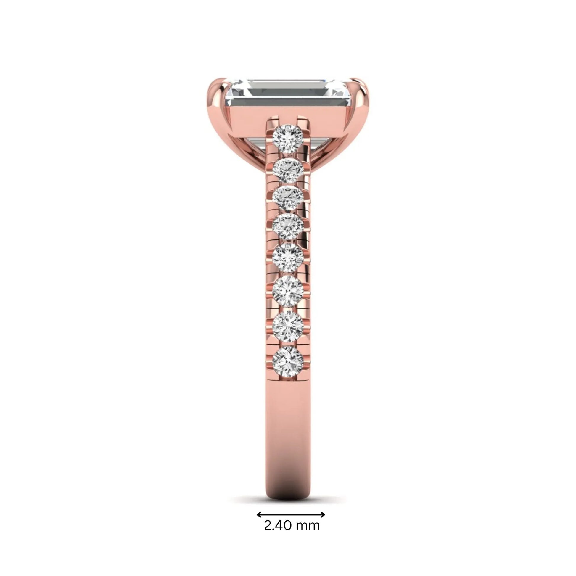Emerald cut lab grown diamond engagement ring with pavé round diamonds in a rose gold four-prong cathedral setting