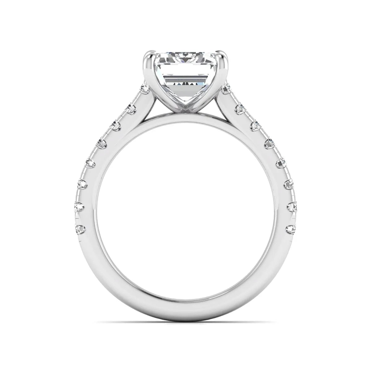 Emerald cut lab grown diamond engagement ring with pavé round diamonds in a white gold four-prong cathedral setting